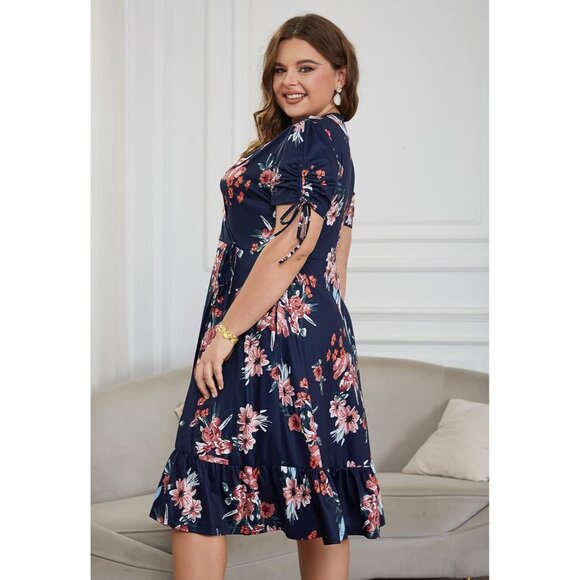 Plus Size Midi Dress Boho Floral V Neck Pockets Wedding Guest Casual - Picture 5 of 7